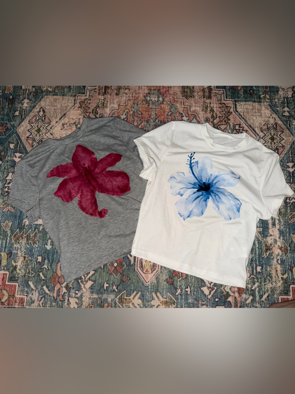 SHEIN Floral Crop Top Duo - White with Blue & Gray with Red
